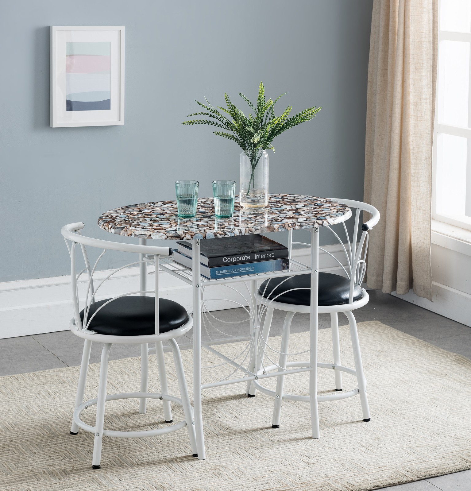 Kings Brand Furniture - 3-Piece Faux Marble Pub Dining Set with Storage, White