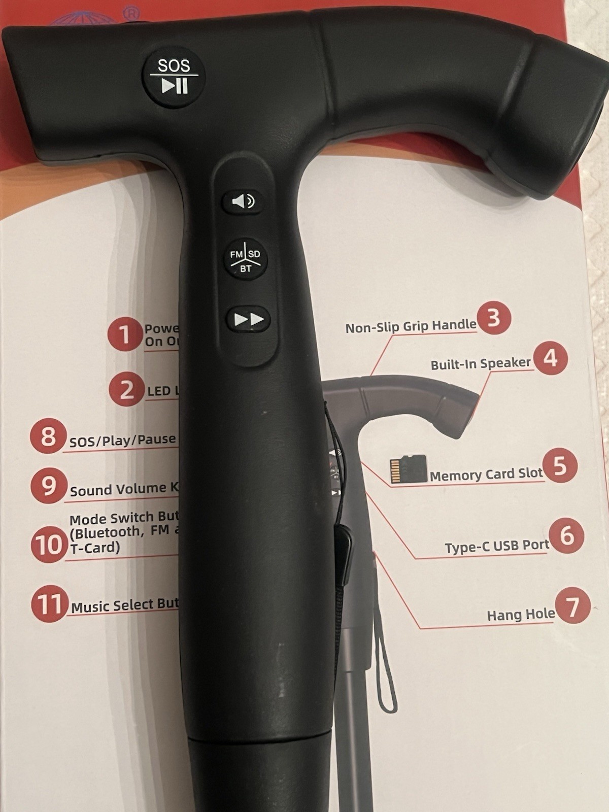 Smart Walking Cane-Bluetooth ,Flashlight SOS  Alarm,FM Radio , Adjustable height