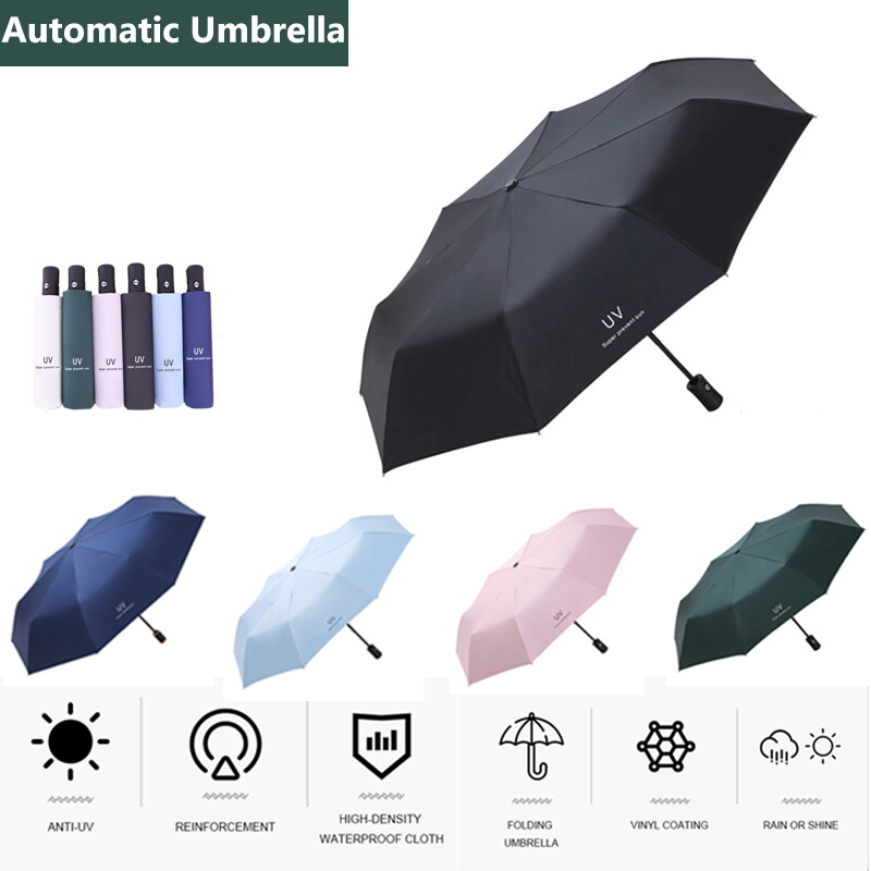Automatic Black Umbrella Anti-UV Sun/Rain Windproof 3 Folding Compact Umbrella