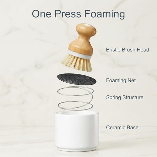 Bamboo Dish Brush with Ceramic Foaming Base, Kitchen Sink Scrub Brush White