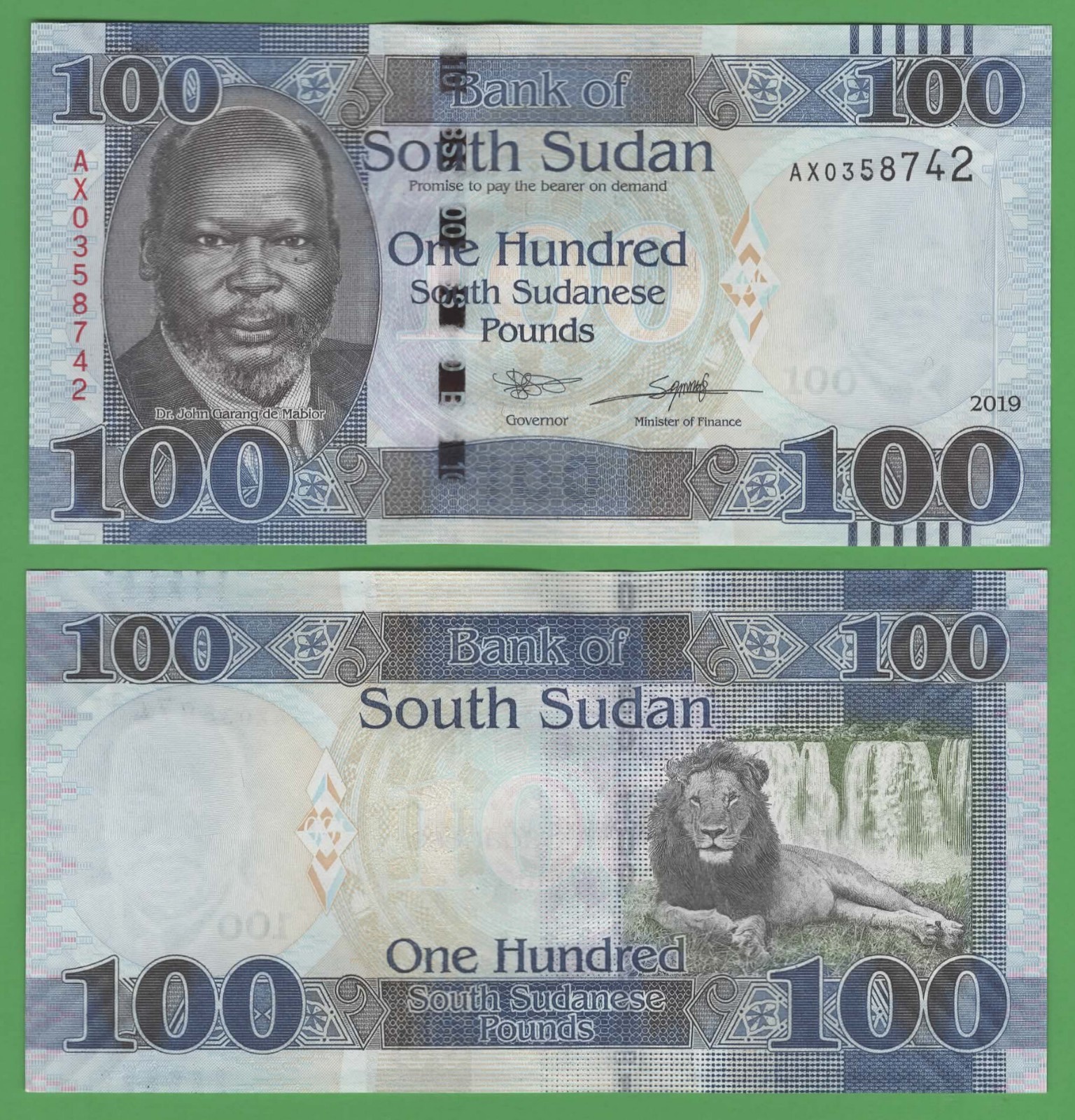 South Sudan 100 Pounds UNC Banknote P-15 Lion Dr. John Garang de Mabior