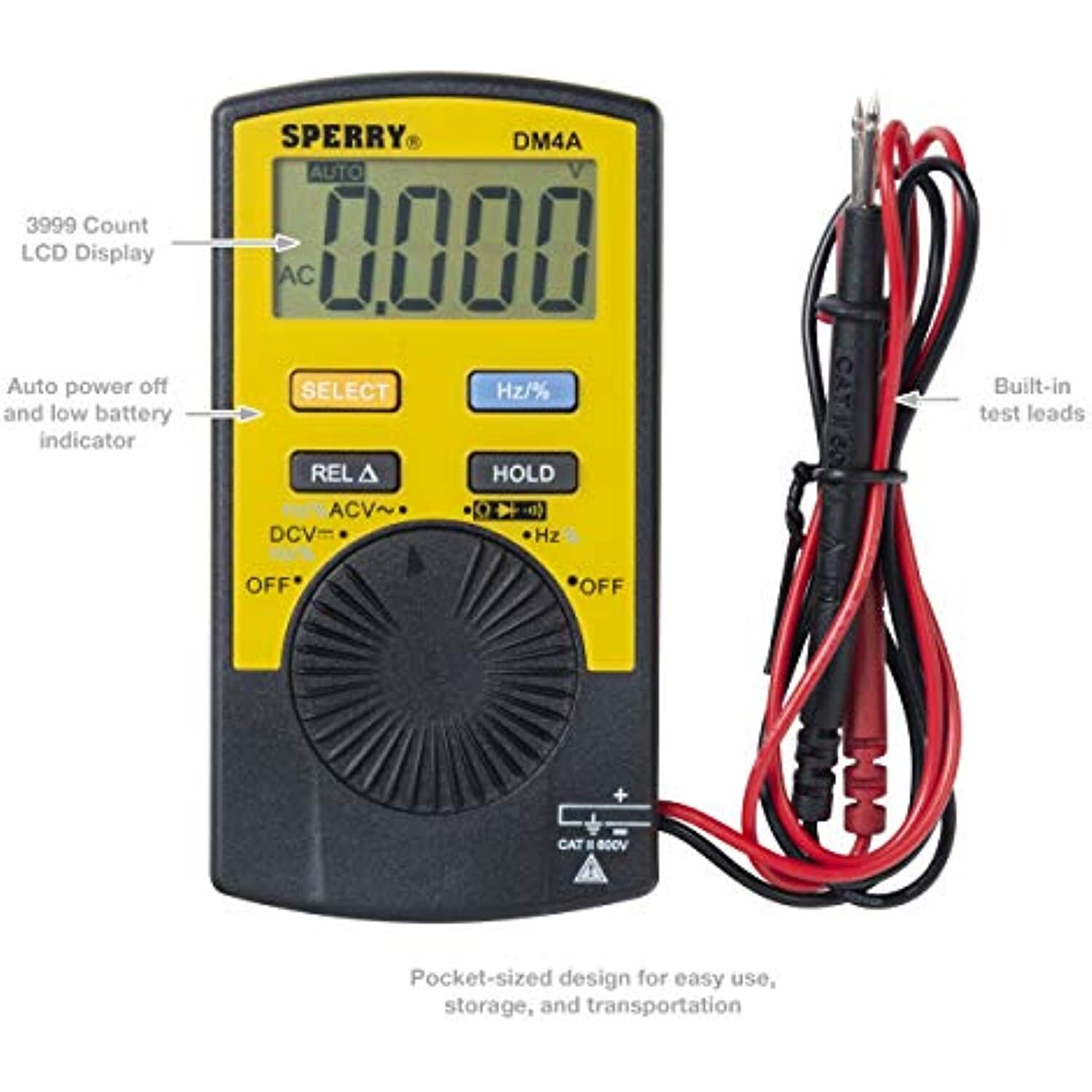 Sperry Instruments Pocket DM4A, Voltage, Outlet Tester, Yellow Digital