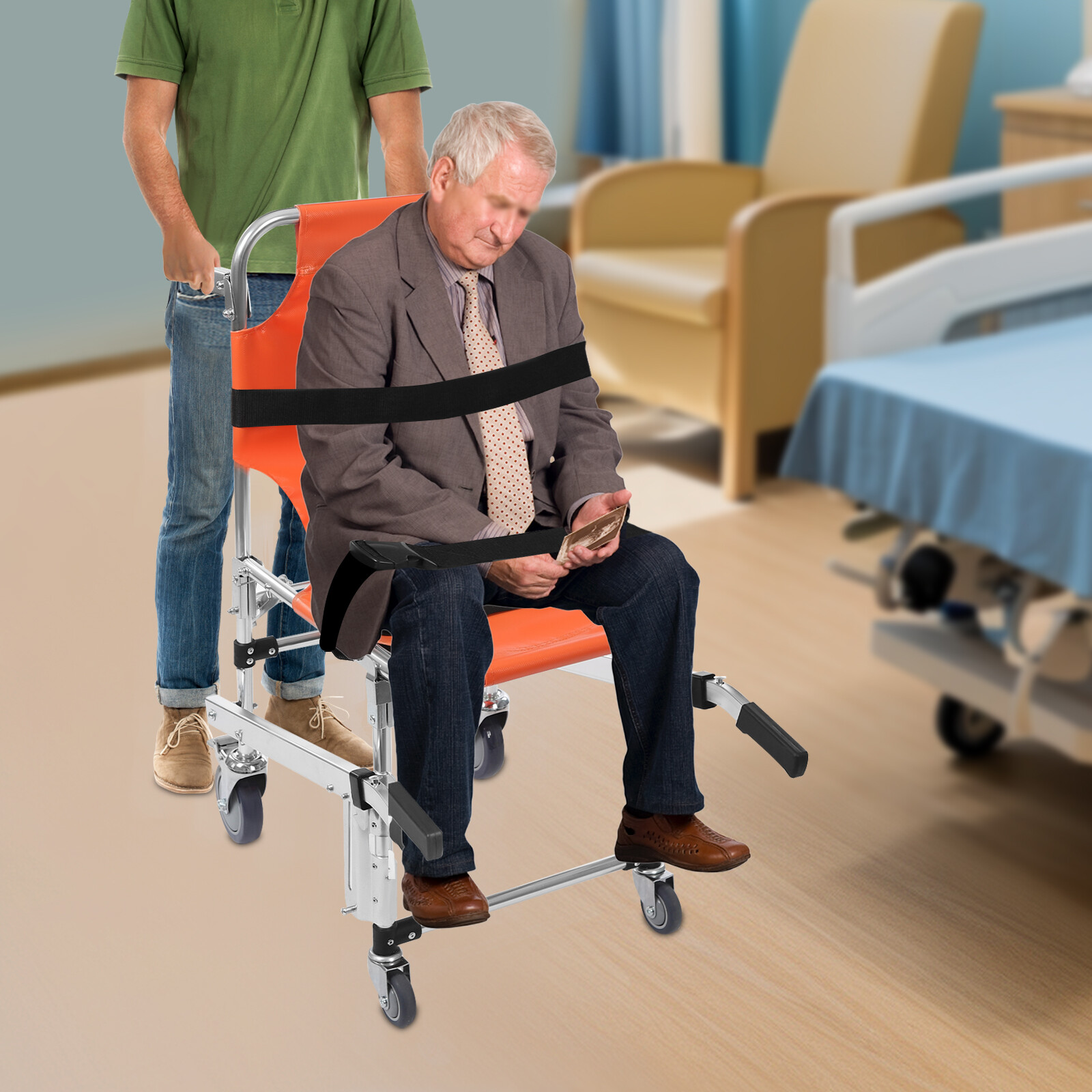 160kg Load Foldable Transport Chair Orange Stair Chair Stair Climbing Wheelchair