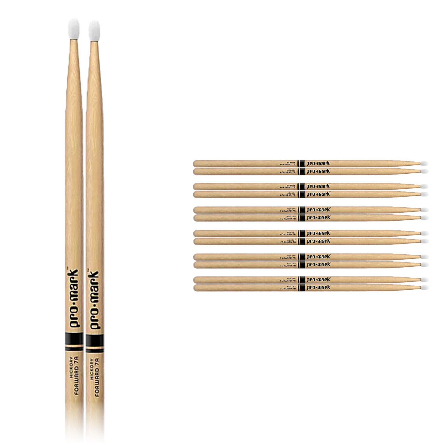 6 Pairs ProMark 7A Nylon Oval Tip Hickory Drumsticks - TX7AN