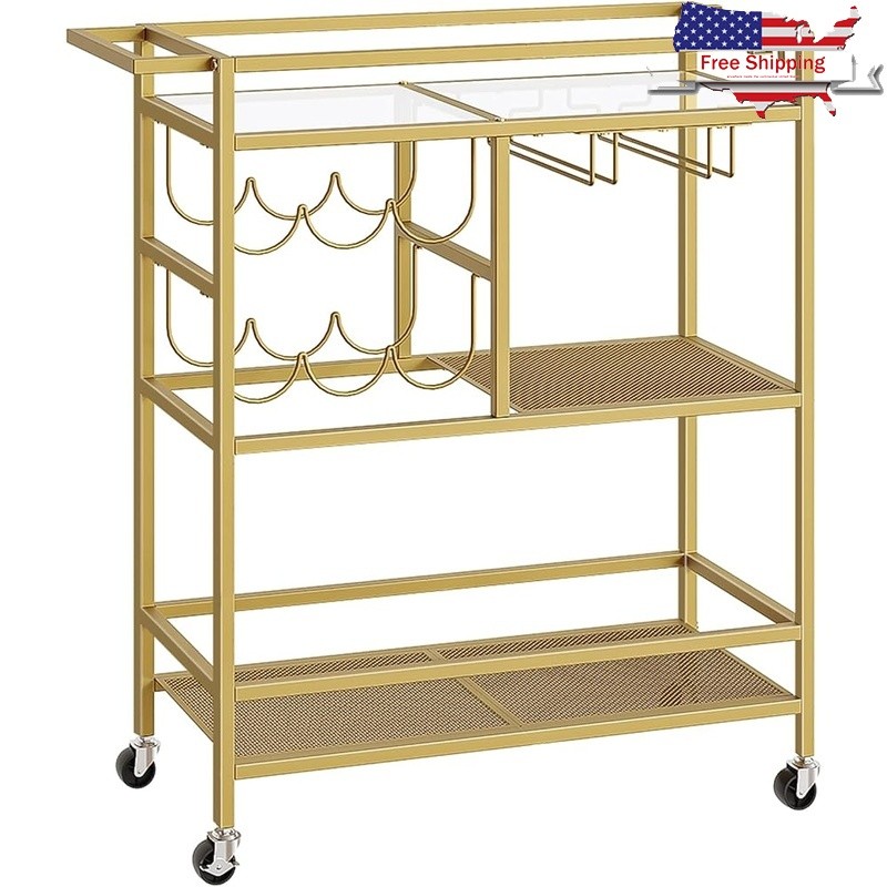 Multi-Level Kitchen Cart W/ Wine Rack Glass Holders Rolling Storage Trolley New