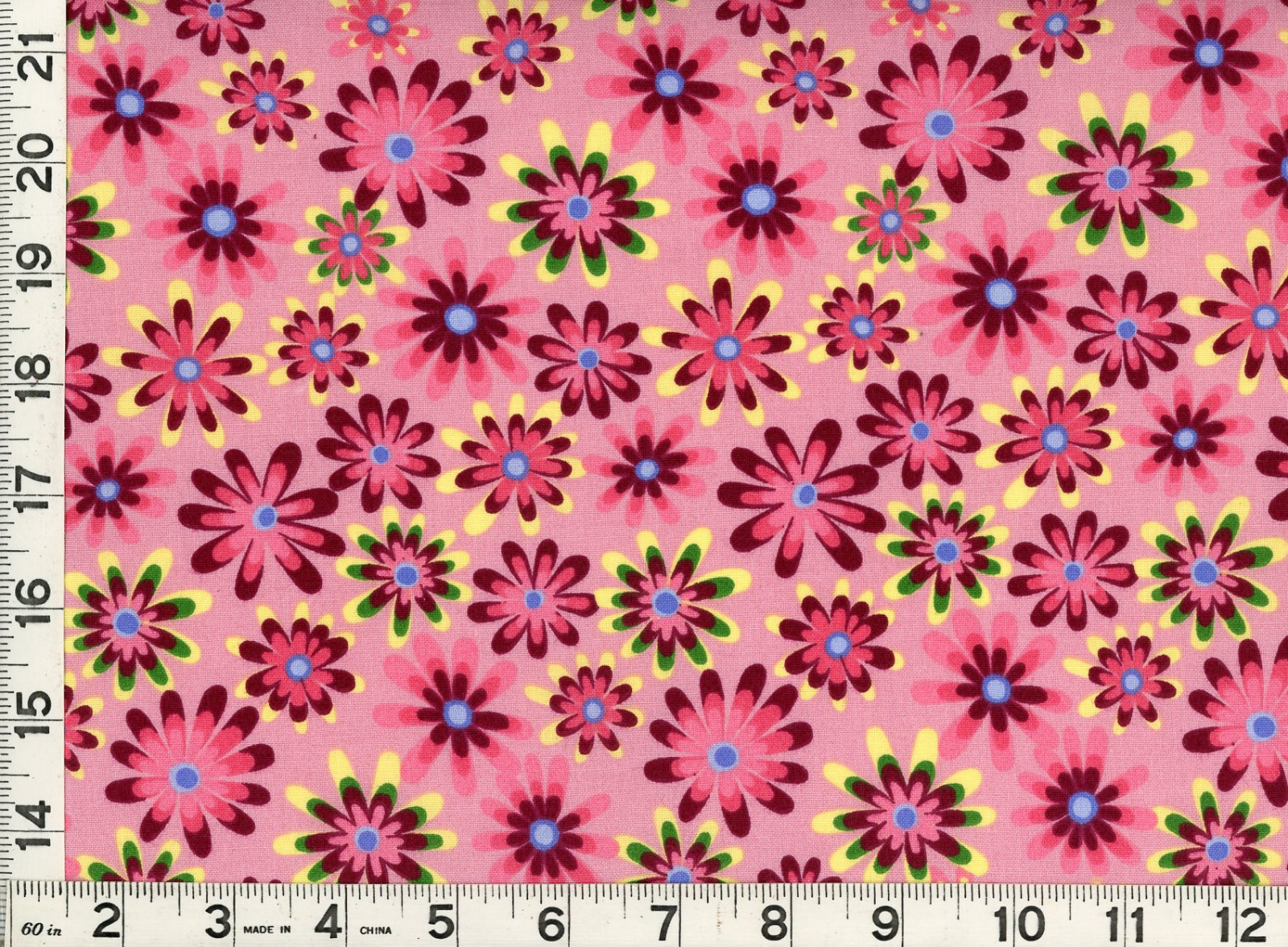 Red Dark Pink & Yellow Flowers on Pink Quilting & Sewing Fabric by Yard  #324