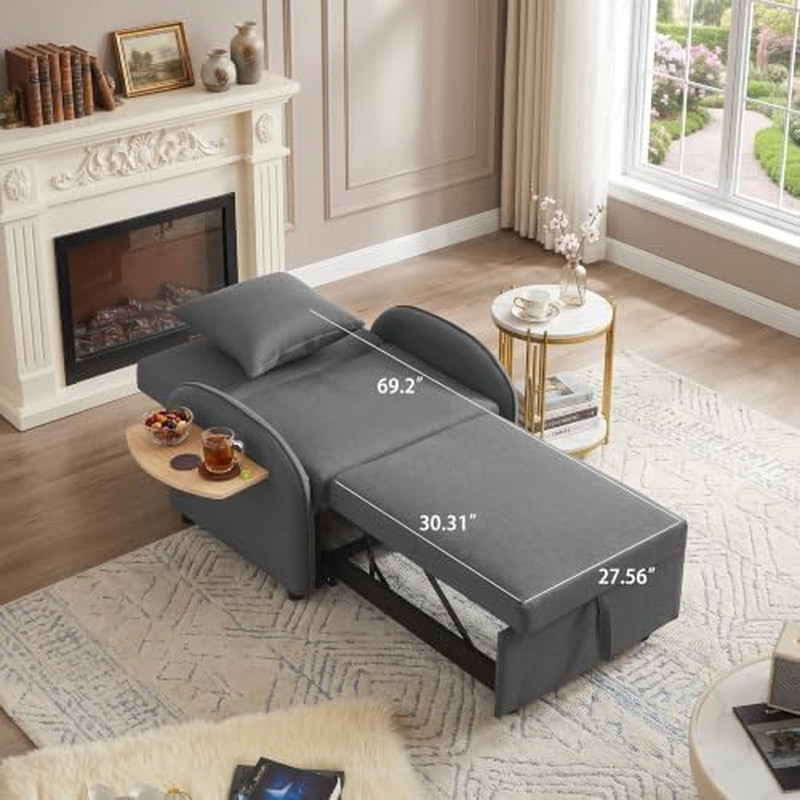 Sleeper Chair with Pull Out Bed, 5 in 1 Single Sofa Bed, Gray | Adjustable Backr