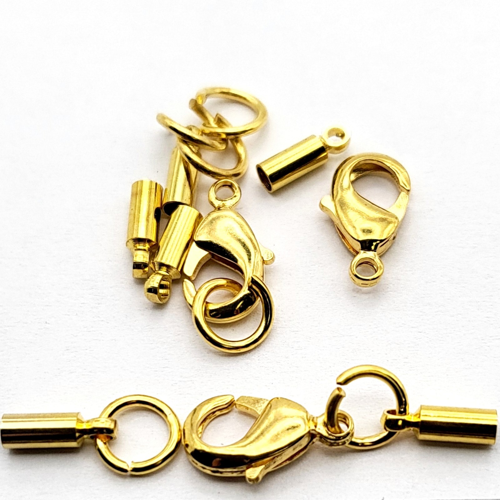 Gold Plated Pewter Cord End Caps, Lobster Clasps, Jump Rings (3 Sets)
