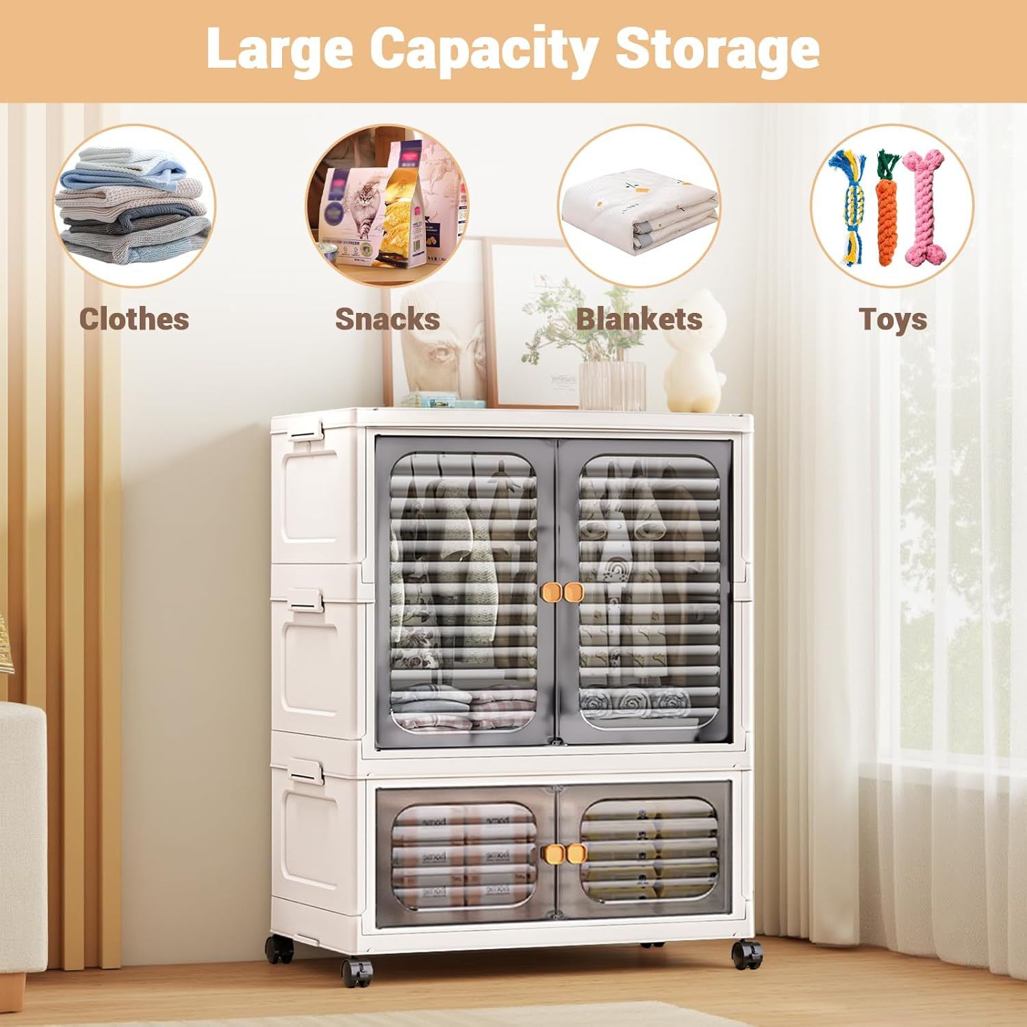 Stackable Storage Bins, Plastic Collapsible Storage Containers with Doors, Wheel
