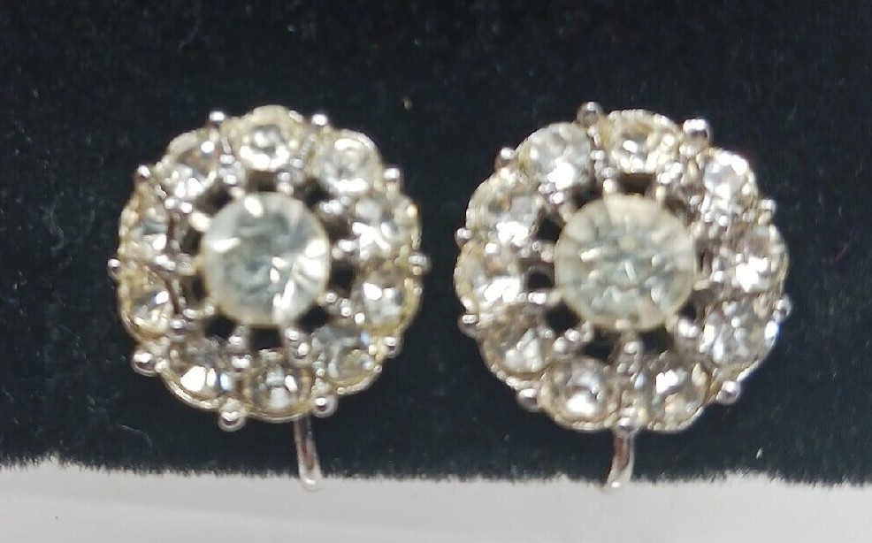 Clear Rhinestone Earrings Vintage Silver Tone Screw Backs #G6