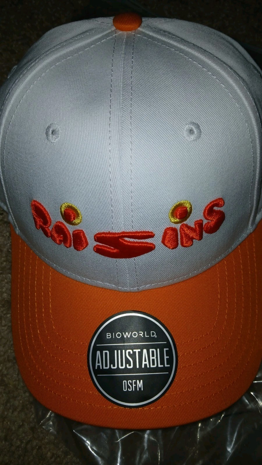 SOUTH PARK-RAISINS-EMBROIDERED HAT-PINBACK ADJUSTABLE-NEW/TAGS-WHITE/ORANGE