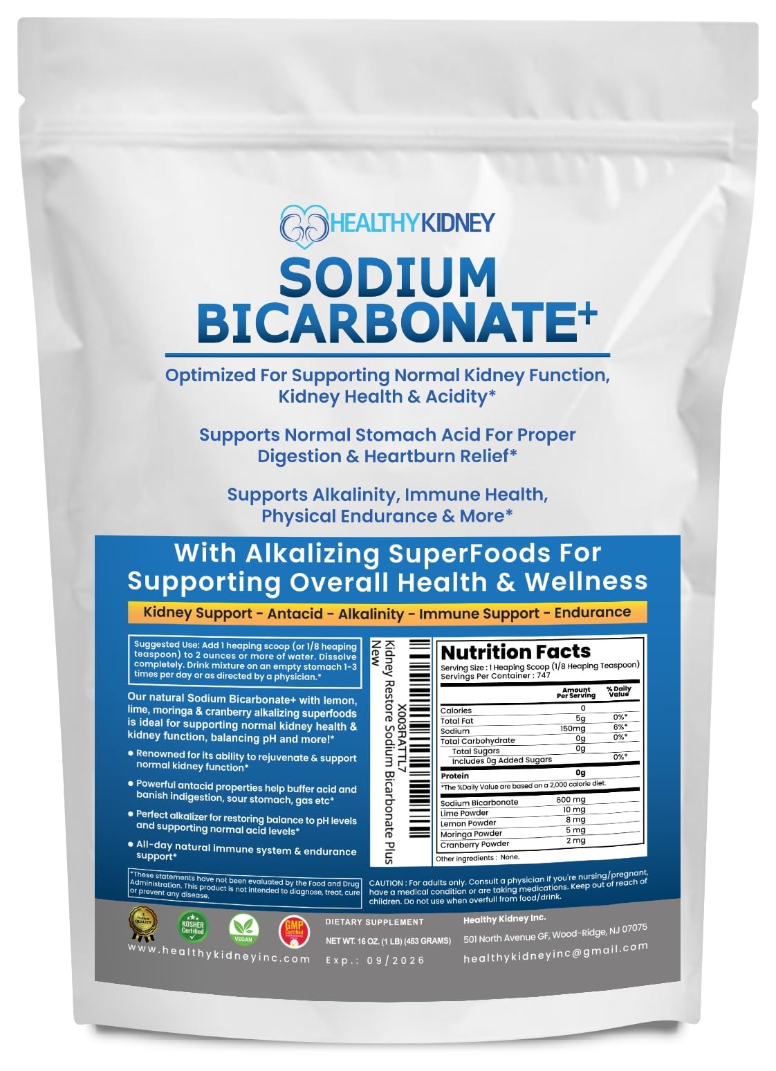 Organic Use Sodium Bicarbonate Alkaline Supplement for Alkalinity. Support Ki...