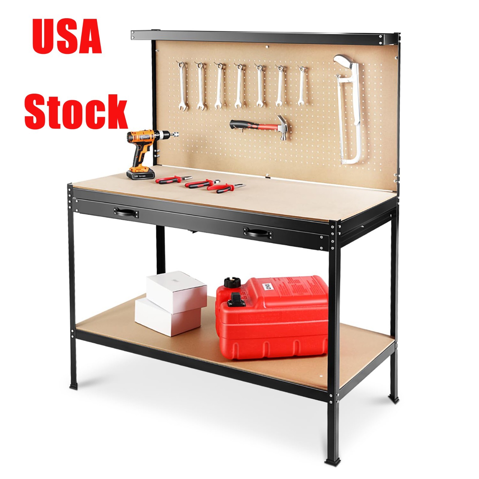USA Stock Working Tables  Workbench Workshop Table with Drawers and Pegboard