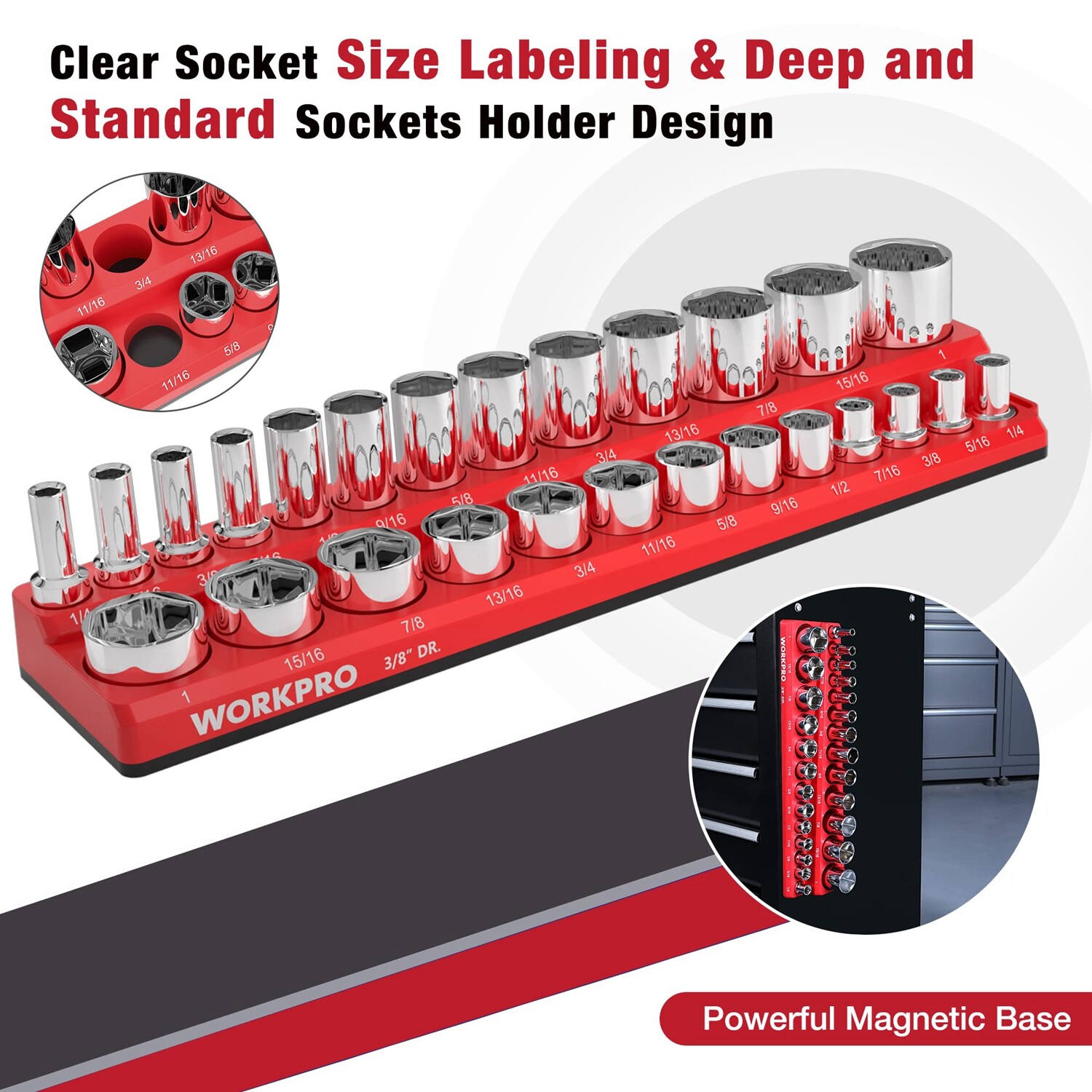 WORKPRO 3PCS Magnetic Socket Organizer Set SAE 1/4" 3/8" 1/2" Drive Socket Trays