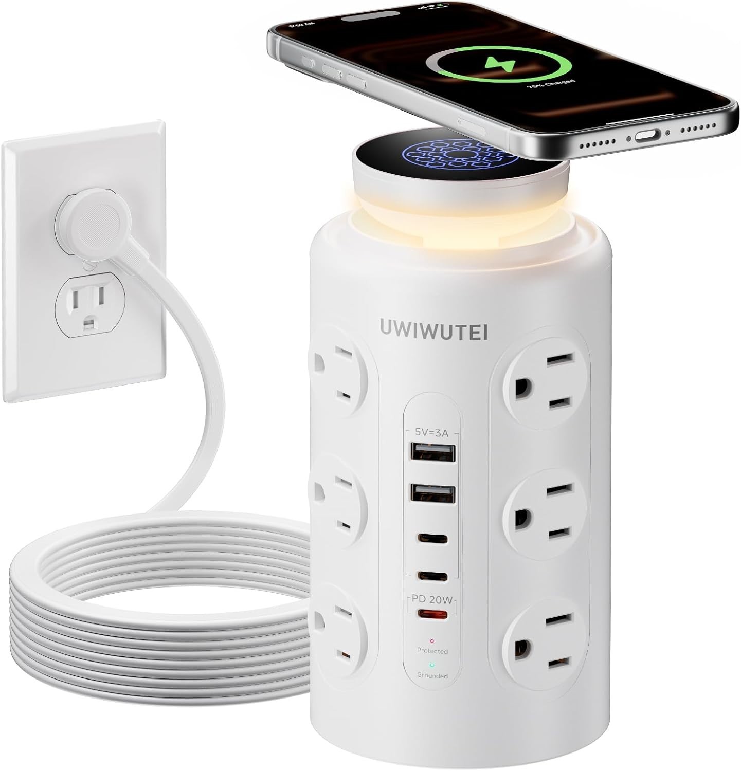 Tower Power Strip Surge Protector with Wireless Charging & Night Light - PD20W F