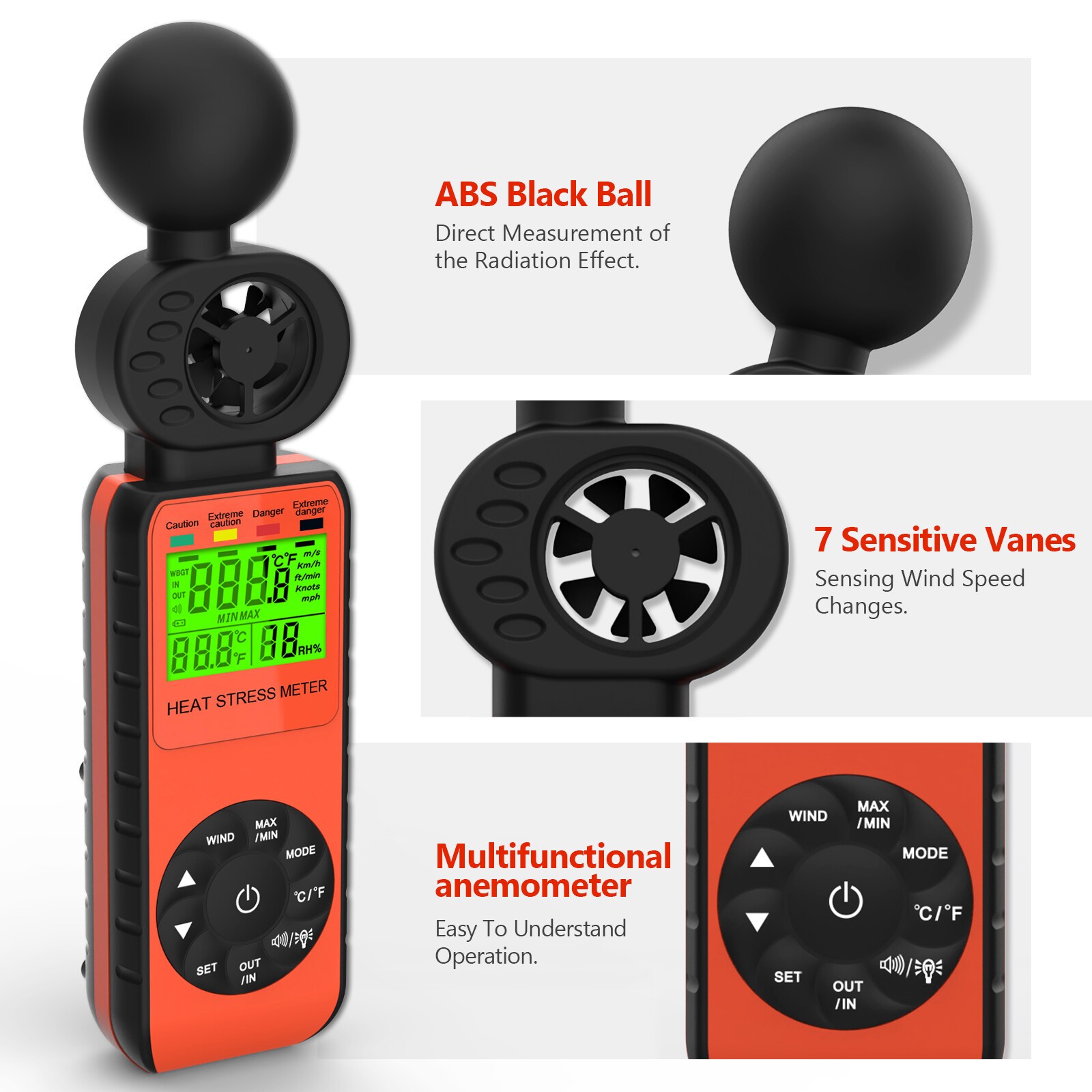 Digital Anemometer Wind Speed Meter WBGT Heat Stress Monitor Air Flow Gauge Alar