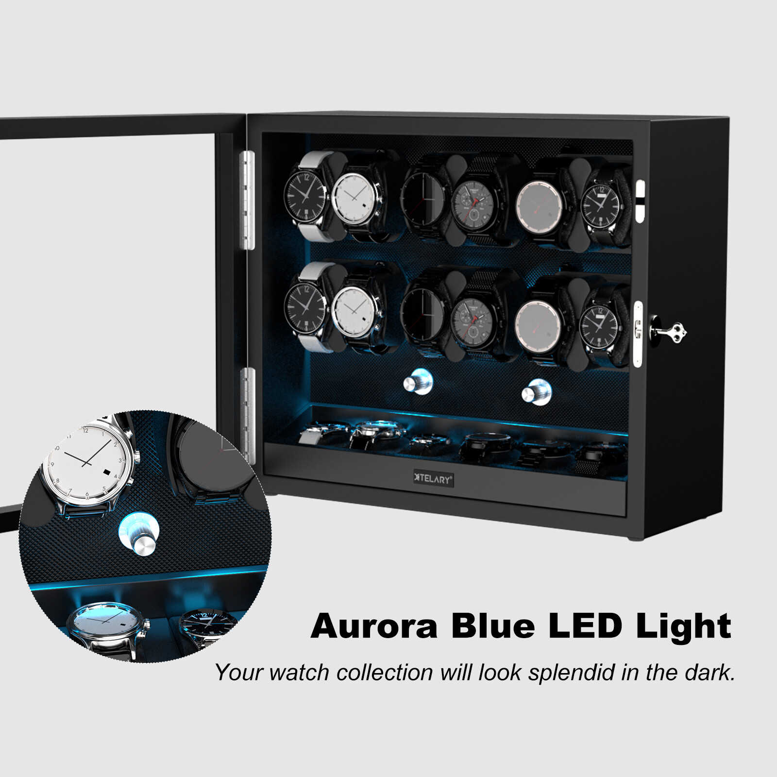 Automatic 12 Watch Winder Box With 6 Extra Storage Box With Mabuchi Motors LED
