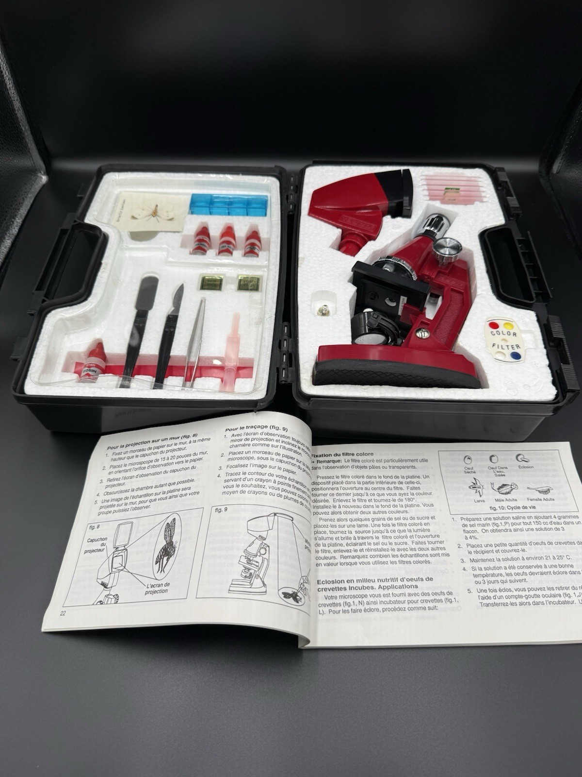 Vintage Tasco red microscope kit, 601200-4F model, includes Carrying Case