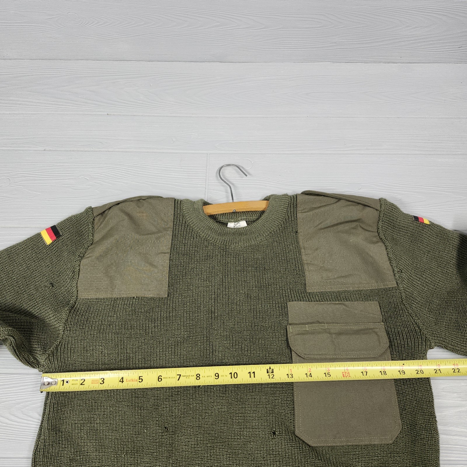 German Military Commando Sweater Pullover Flags Wool Blend H50 Size L Distressed