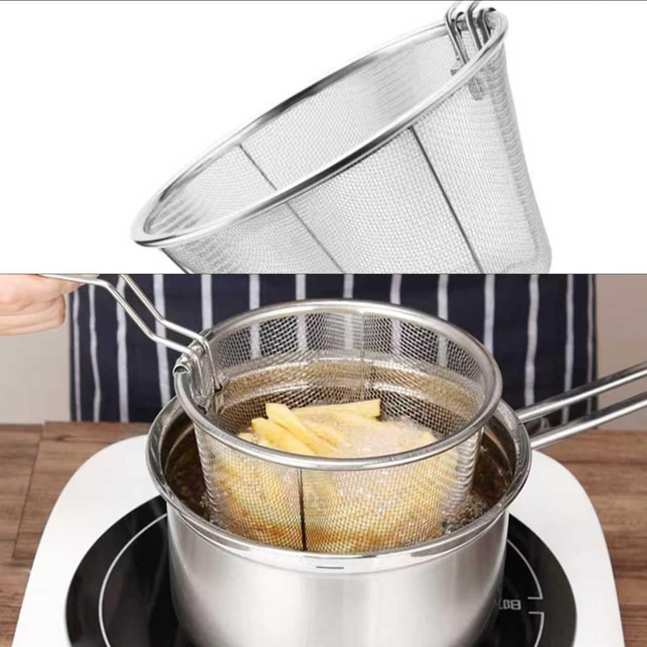 7Inch Round Stainless Steel Deep Fryer Basket，Features a Foldable Handle for ...