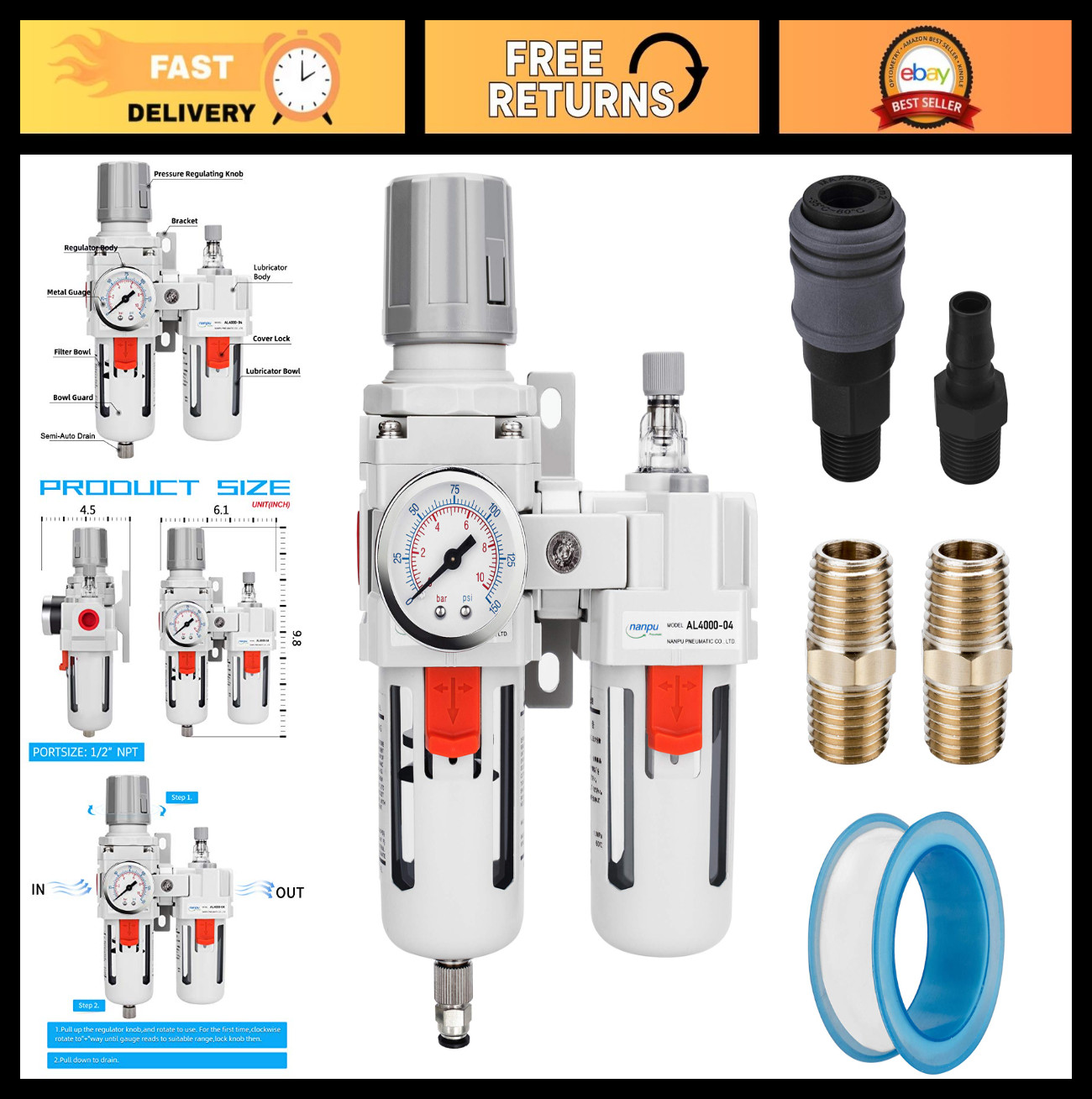 1/2" NPT Air Filter Regulator Lubricator Combo - Water/Oil Trap Separator, Gauge