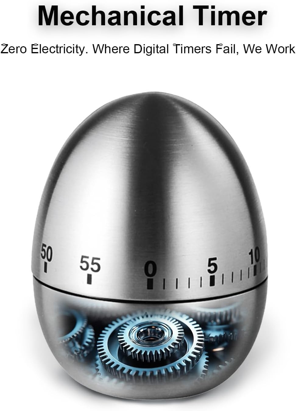 60 Min Mechanical Kitchen Timer Stainless Steel EggShape Cooking Countdown Clock
