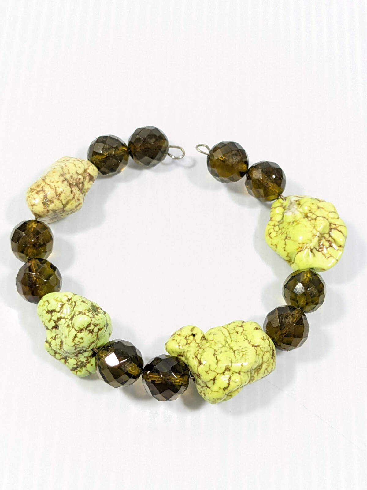 Artisan Brown Glass Bead Green Stone Memory Wire Cuff Bracelet