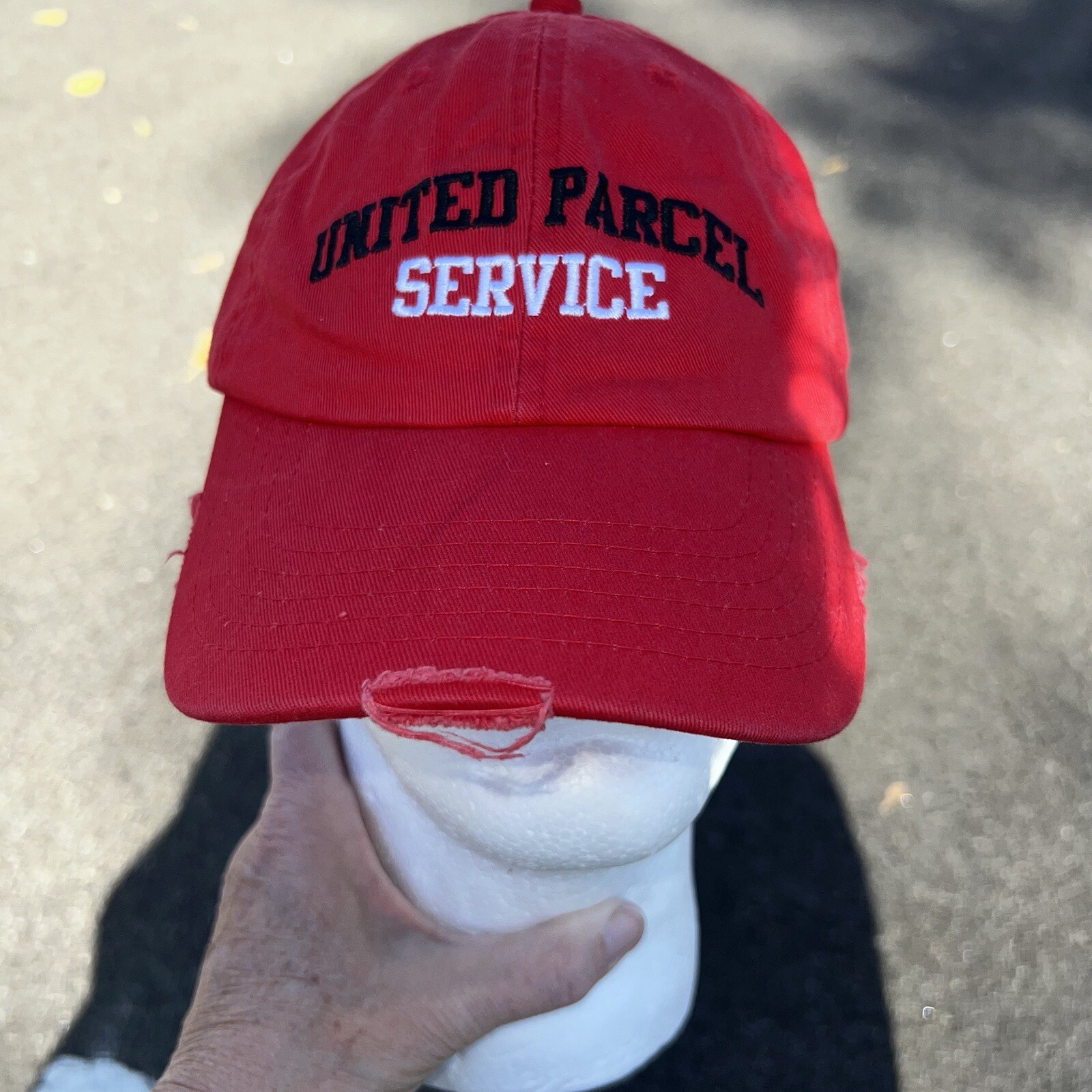 United Parcel Black & White Letters on Red Hat Cap American Flag Hook Loop EUC