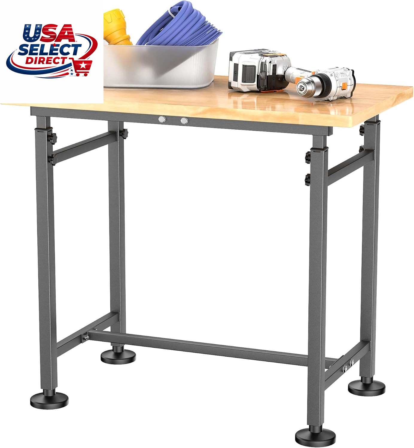 Adjustable Height Workbench for Garage, Heavy Duty Rubber Wood Top