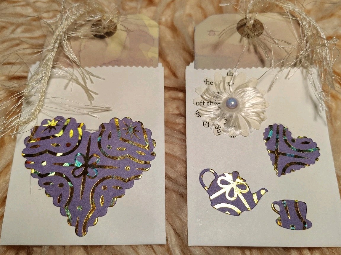 Junk Journal pockets Set of 2 Handmade Purple Gold Foil Tea Dyes Tags Funky Fur