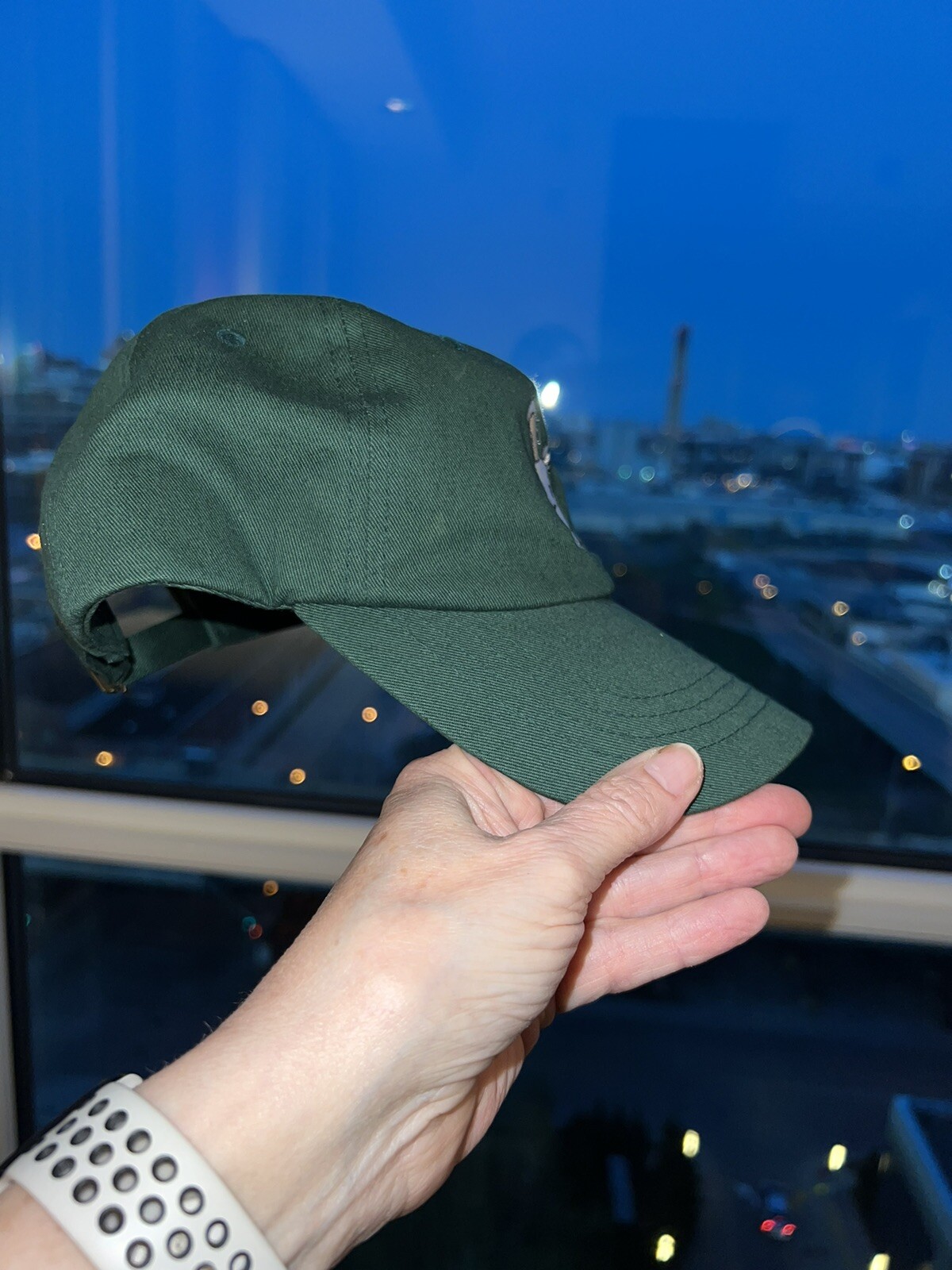 Green w White Rabbit Bunny embroidered hat Strap Buckle Cotton EUC