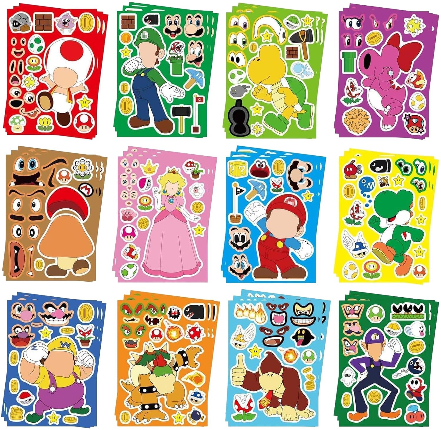 36PCS Mario Make a Face Stickers, DIY Party Supplies Favors A, Colorful