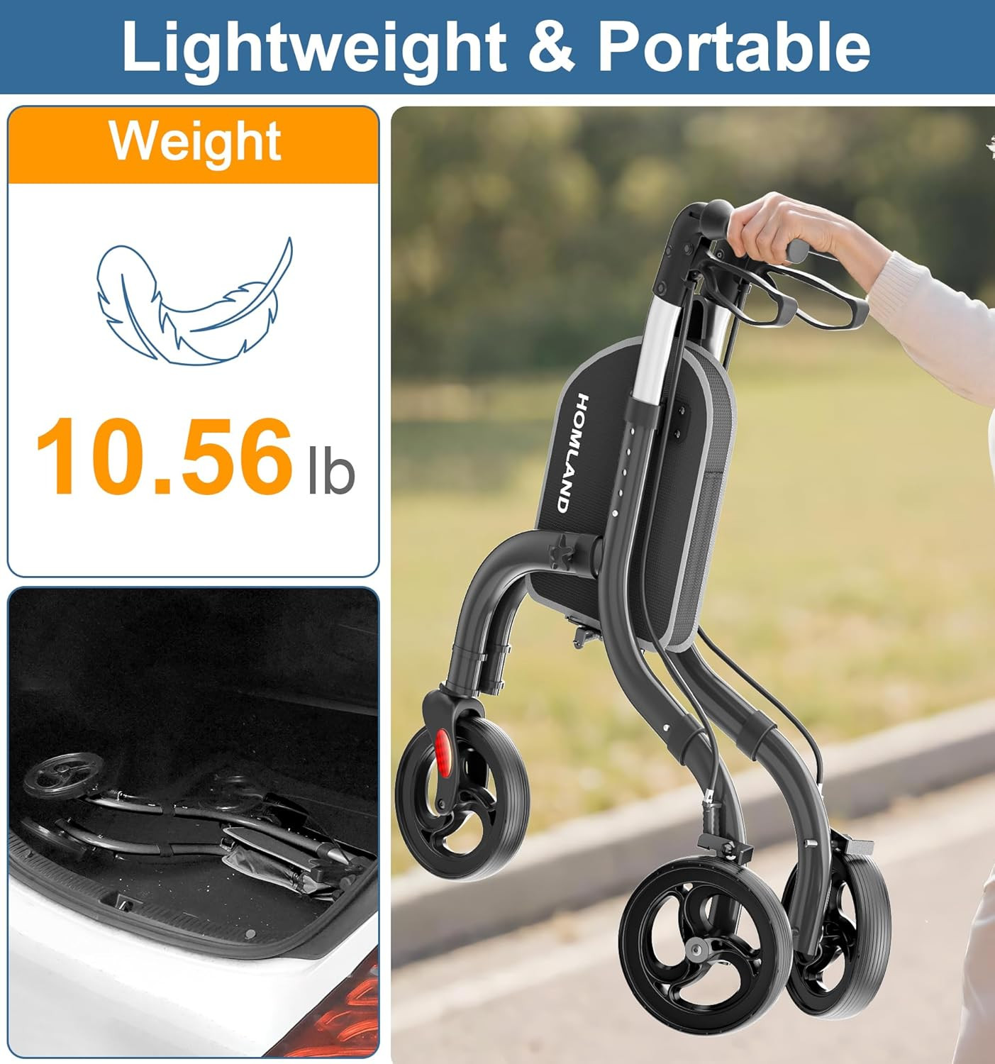 Lightweight 3 Wheel Walker for Seniors, Adjustable & Foldable with Storage Bag