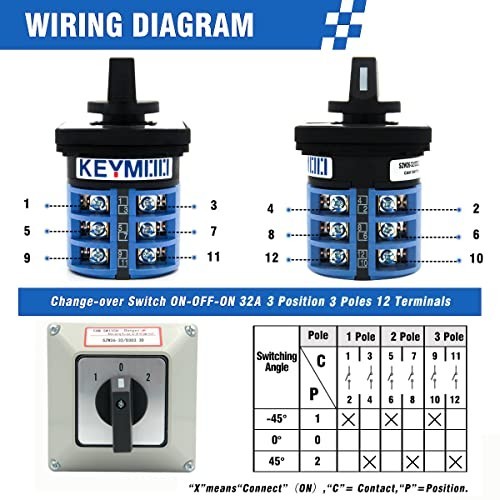 32A Rotary Changeover Switch 3-Position 3 Phase, IP65 Cam Switch Box, 12 Termina