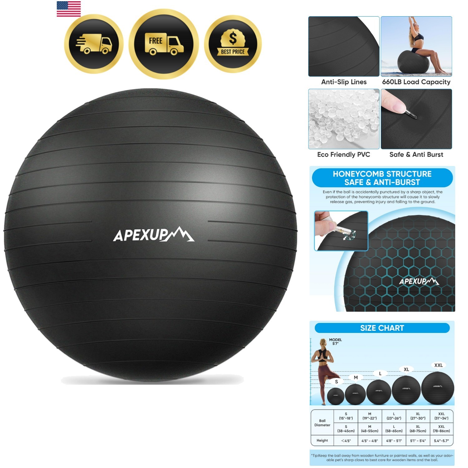 Yoga Ball Exercise Ball Anti Slip Heavy Duty for Fitness, Balance & Core Workout