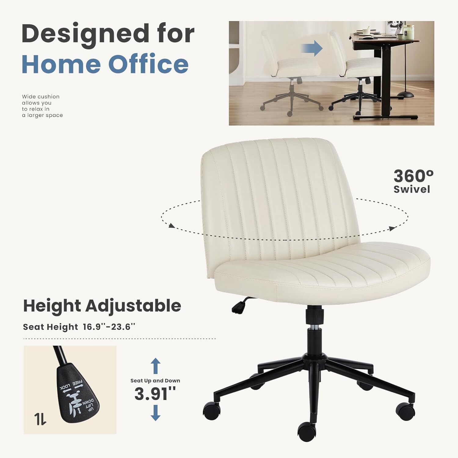 Leather Criss Cross Chair with Wheels Home Office Chair Wide Armless Desk Chair