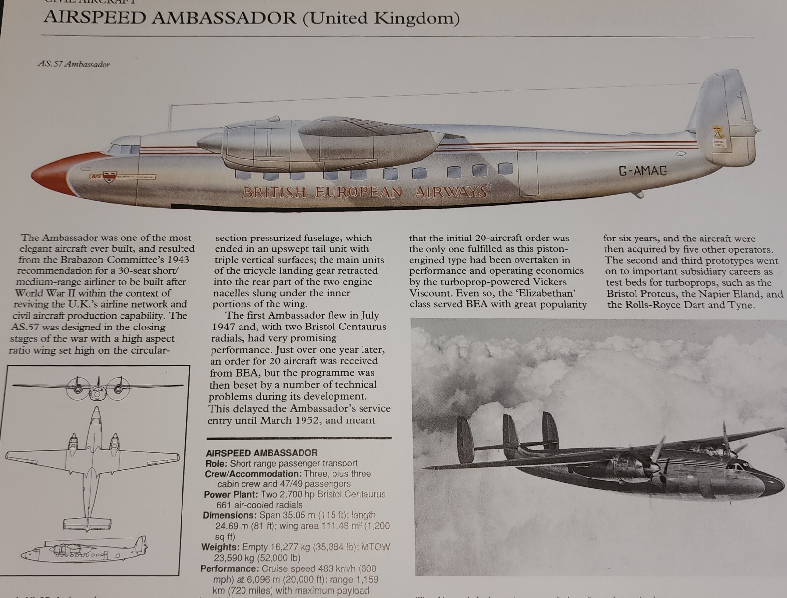 Airspeed Ambassador Aircraft Picture Out of Print Article Spec Sheet Wall Art
