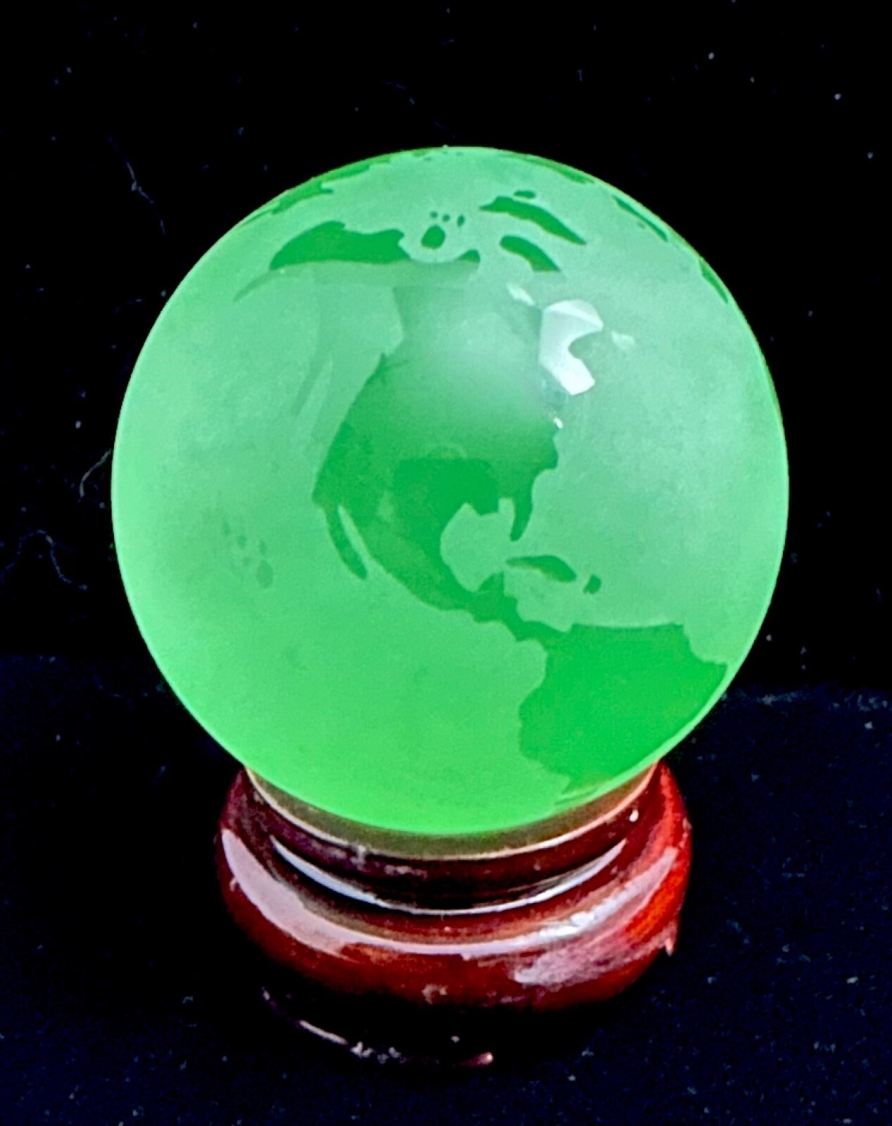 Etched Green Crystal Globe with Continents Wood Stand Sold in Satin Lined Box