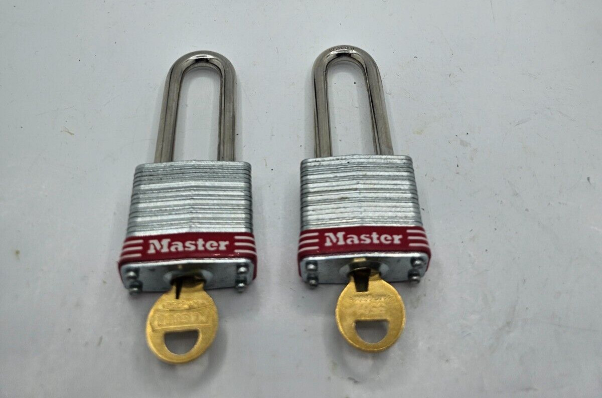(QTY 2) Master Lock Laminated Steel Padlock Keyed Alike RED w/ Keys