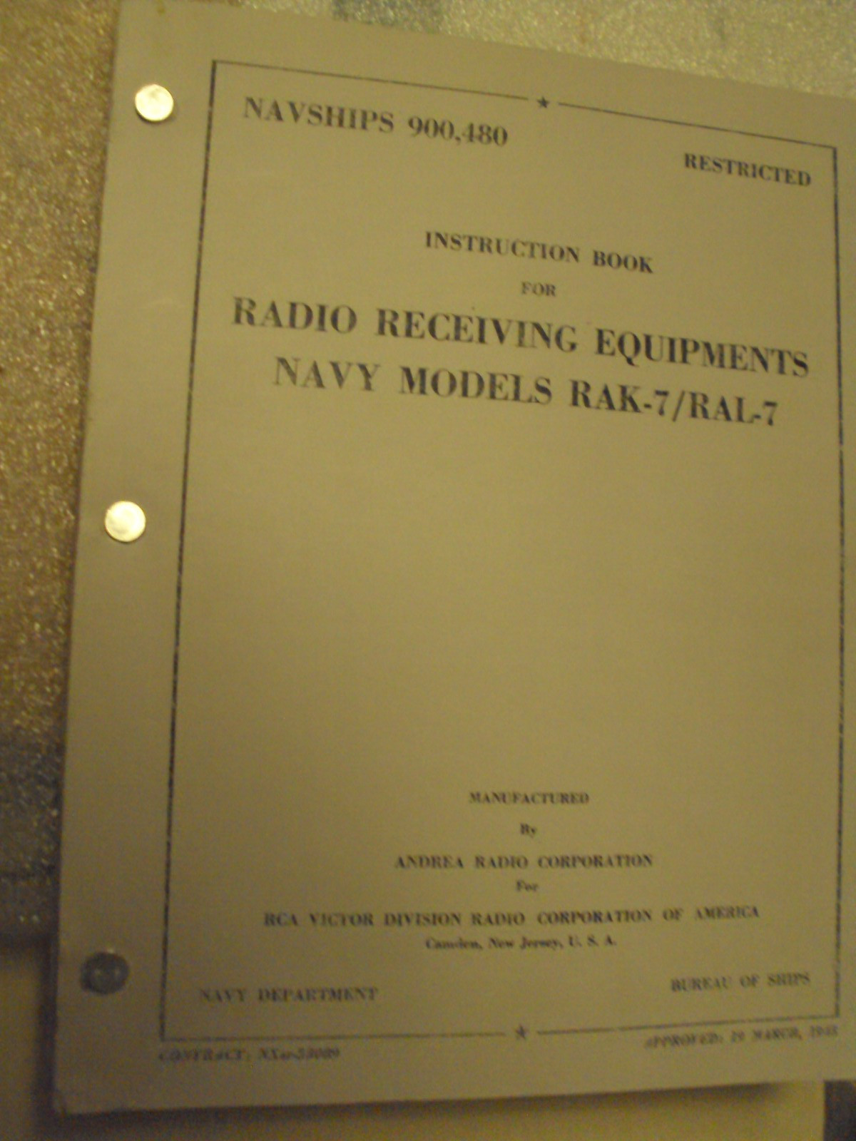 Manual Navy Models RAK-7/RAL-7 Radio Receiving Equipment; 19Mar1945, 211 pages