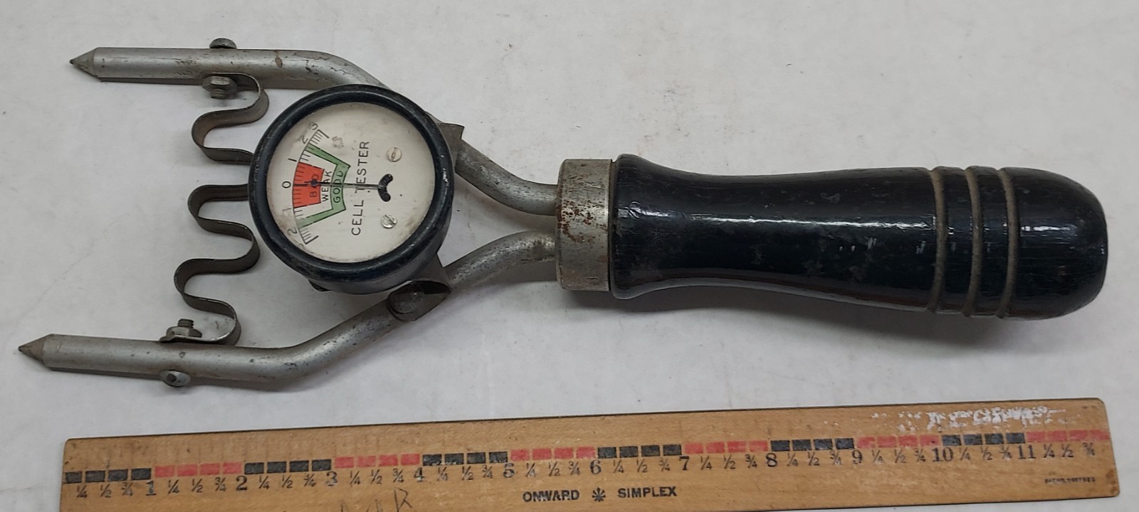 Vintage Battery Cell Tester Gauge - 2-Prong W/ Wooden Handle