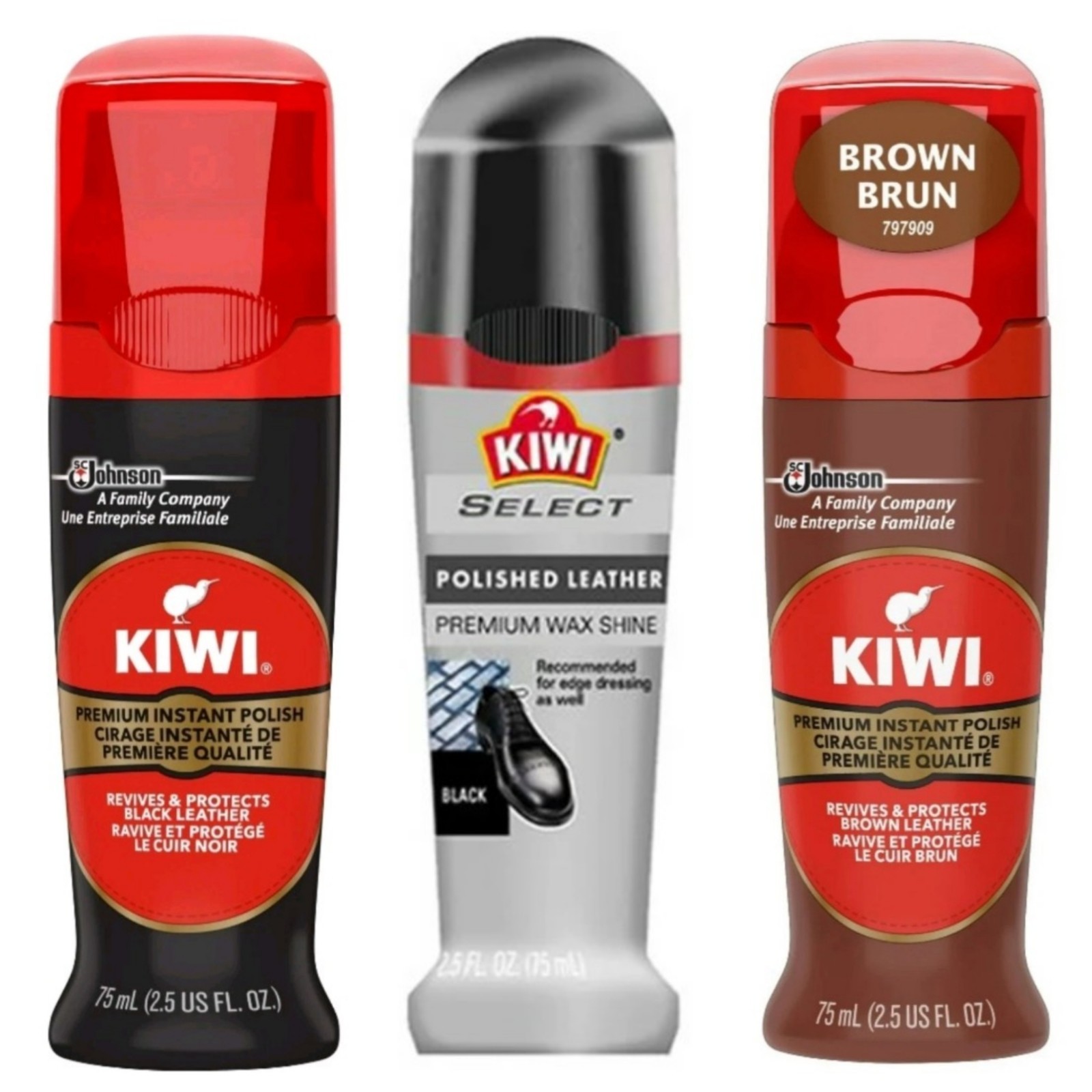 Kiwi Instant Shoe Polish 3 Pack Black + Select Black + Brown 2.5oz Each Bundle