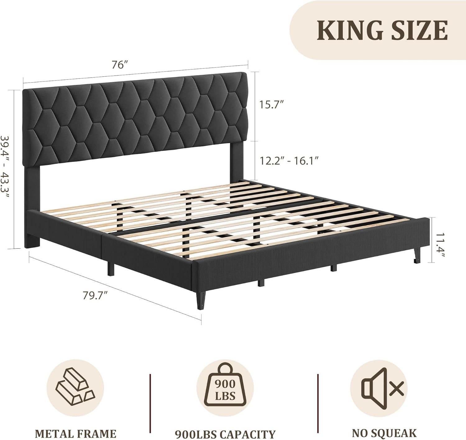 King Size Bed Frame with Headboard, Heavy-Duty Platform Bed Frame,Easy Assembly