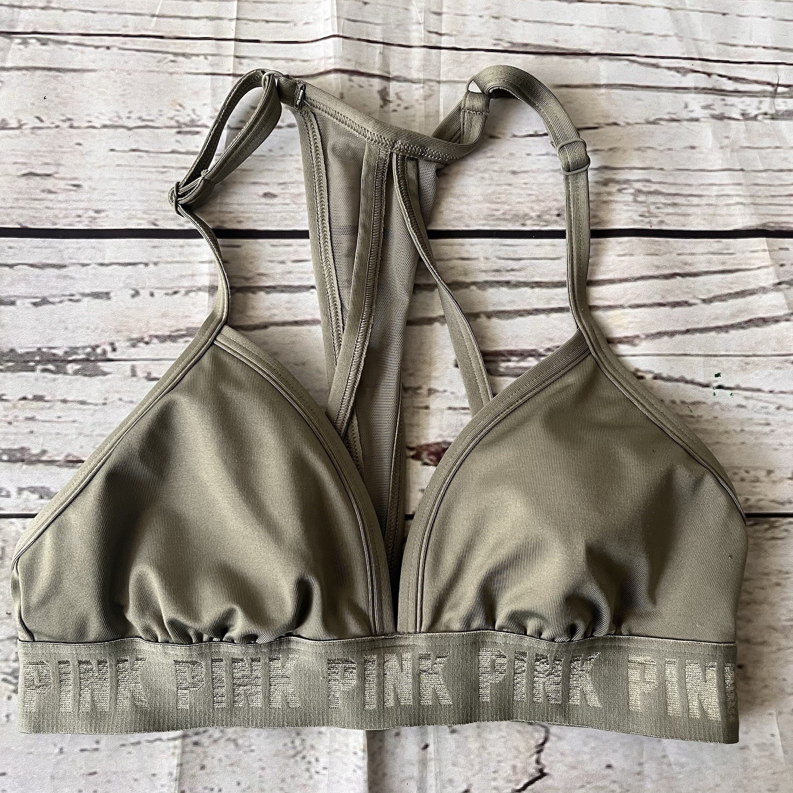Victorias Secret PINK Sport Bra Small Lightly Lined Olive Green Racerback