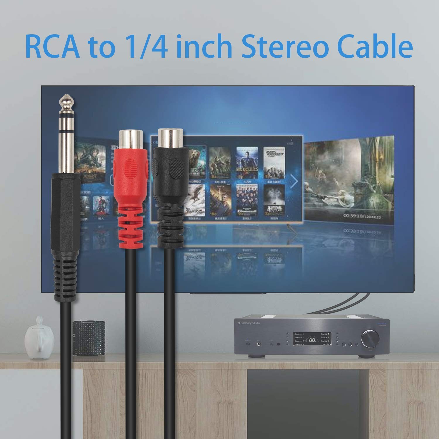 Poyiccot 6.35mm 1/4 inch TRS Stereo Jack Male to 2 RCA 20cm, Black& Red