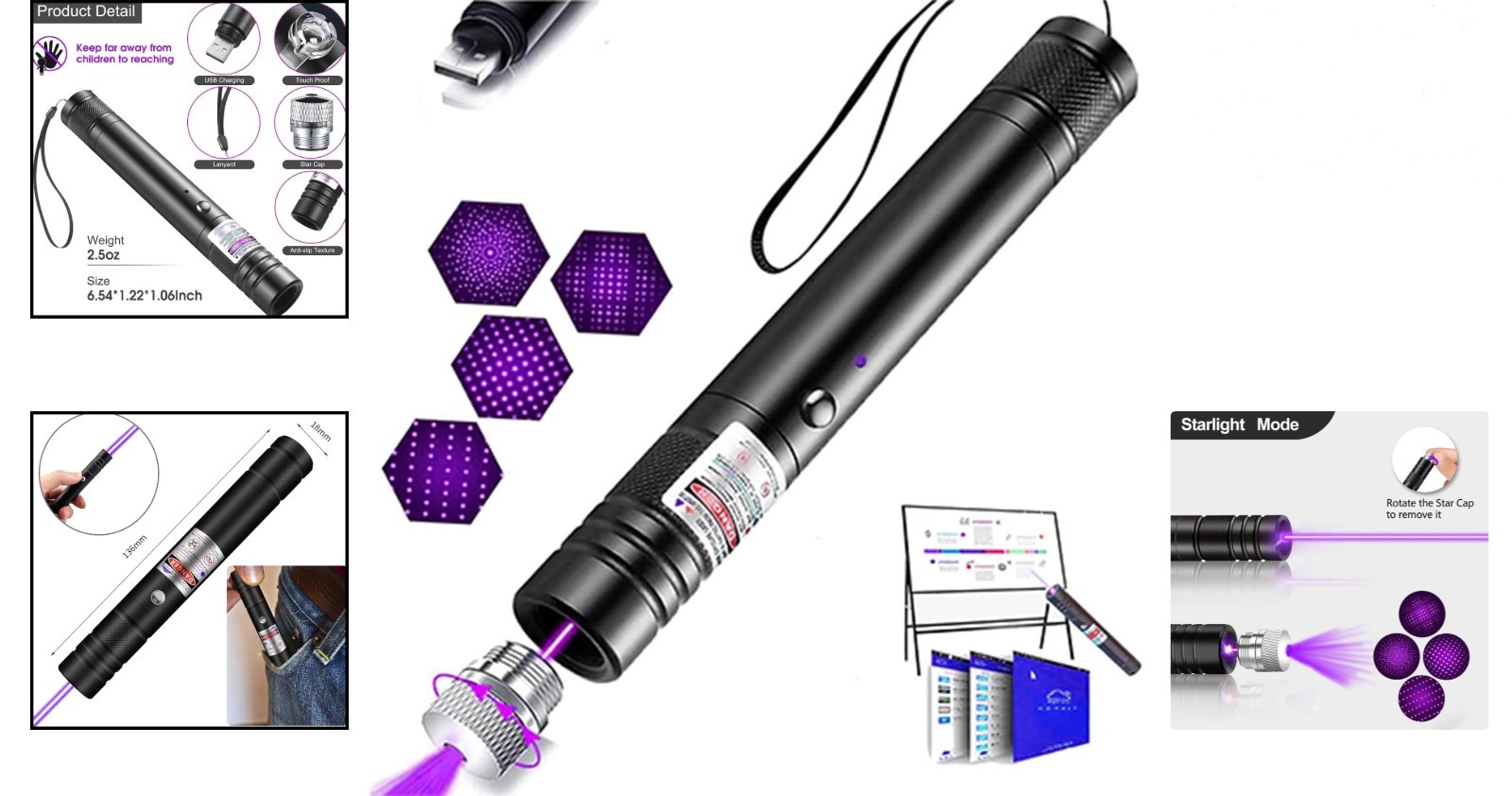 Purple High Power Laser Pointer USB Rechargeable 5mW Focus Floodlight Outdoor