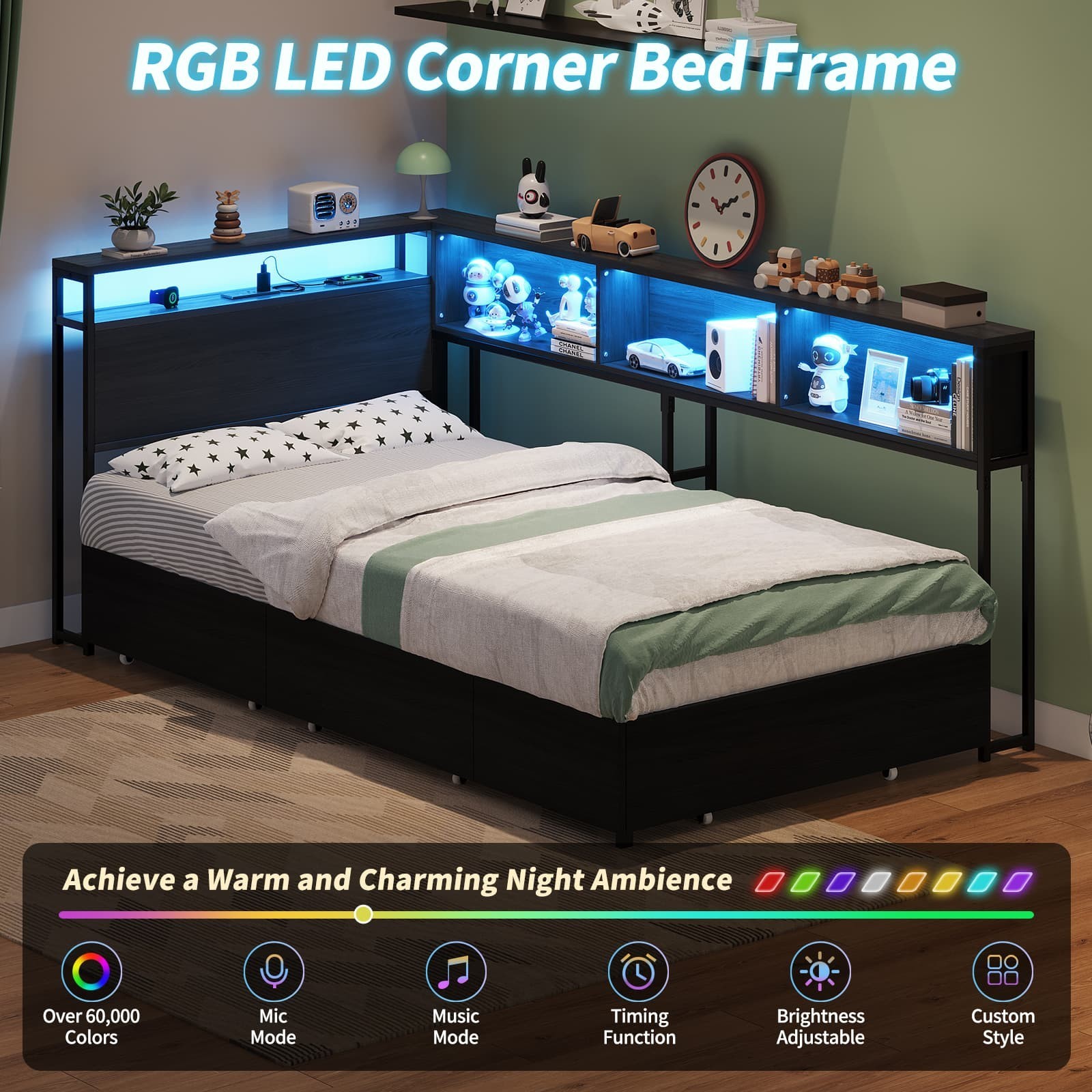 Twin Corner Bed Frame with LED Headboard, Charging Station, Storage Drawers, Bla