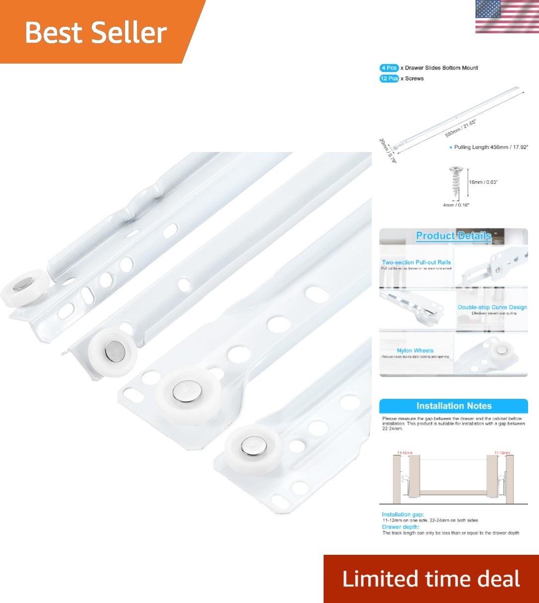 Effortless 22 Inch Drawer Slides Heavy Duty Bottom Mount - Includes Screws