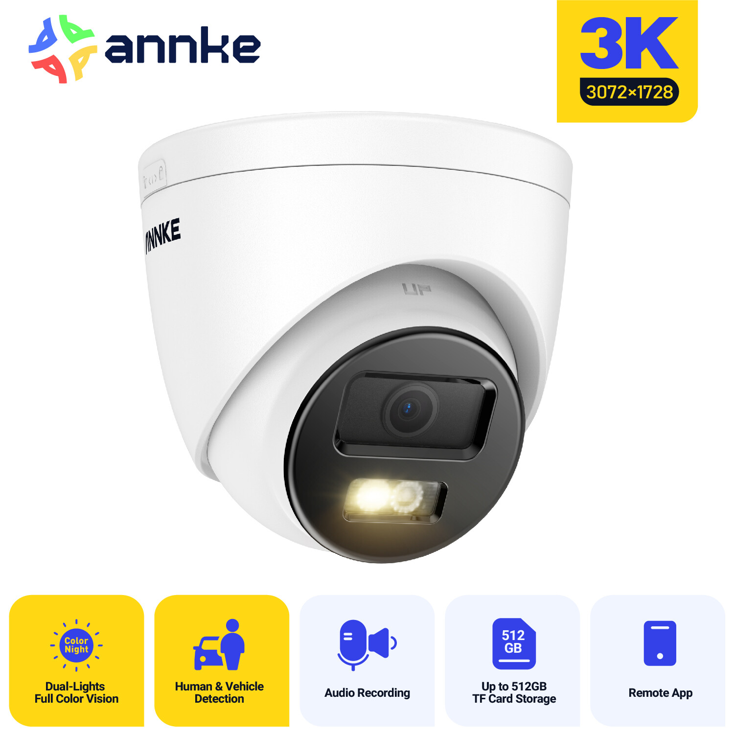ANNKE 5MP PoE Security IP Camera C500P 3K AI Color Night Vision Audio Recording