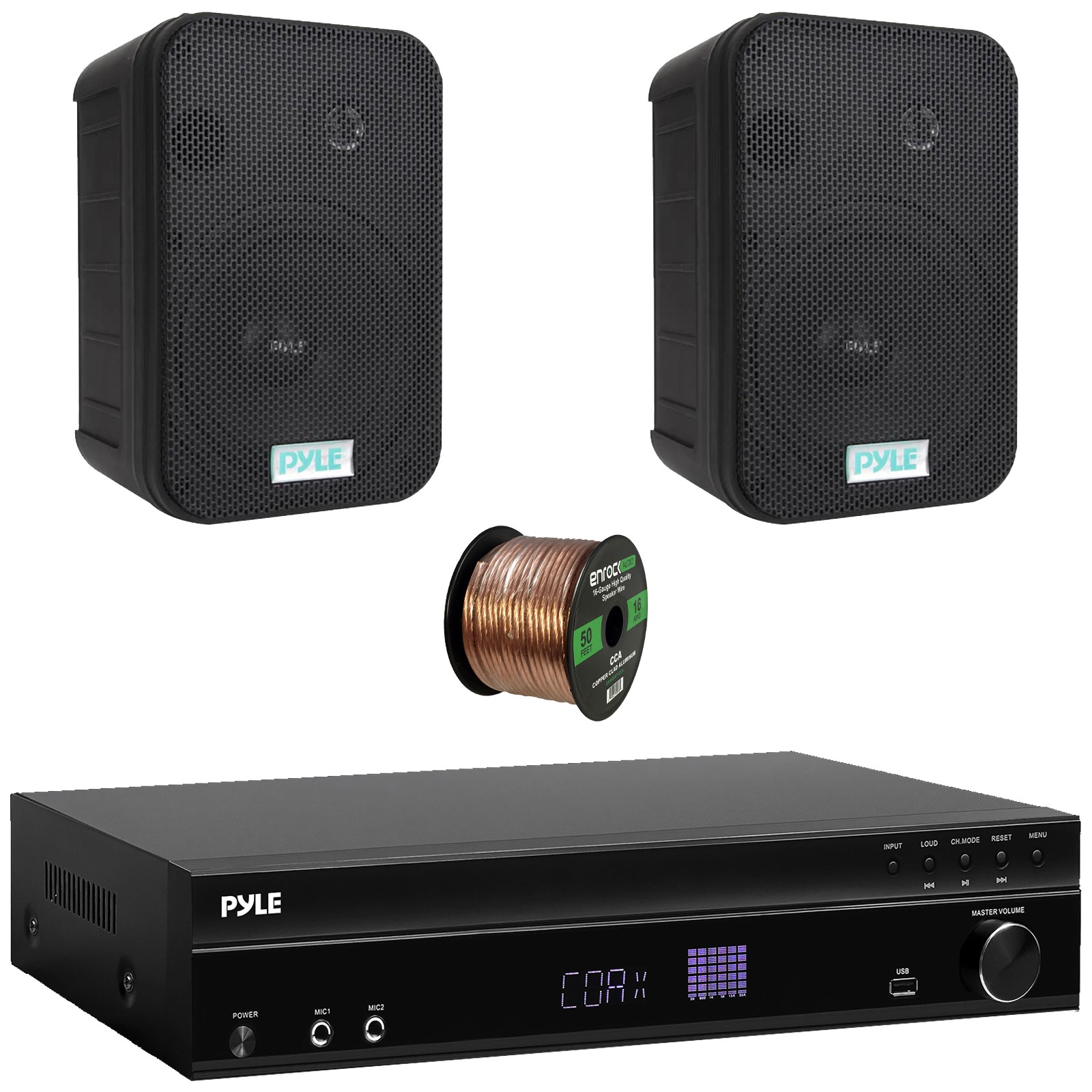 Pyle PT875BT 5.2CH Audio Amp Receiver, 2x 6.5'' 500W Waterproof Speakers, Wire